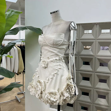 Xajzpa Fashion Women Dress White Strapless 3D Flowers Above Knee Female Summer Birthday Party Dresses New Tide